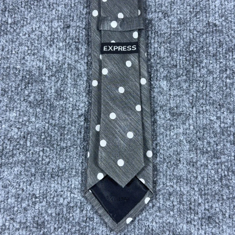 Express Mens Necktie Charcoal Gray White Polka Dot Textured Slim Silk Blend Tie